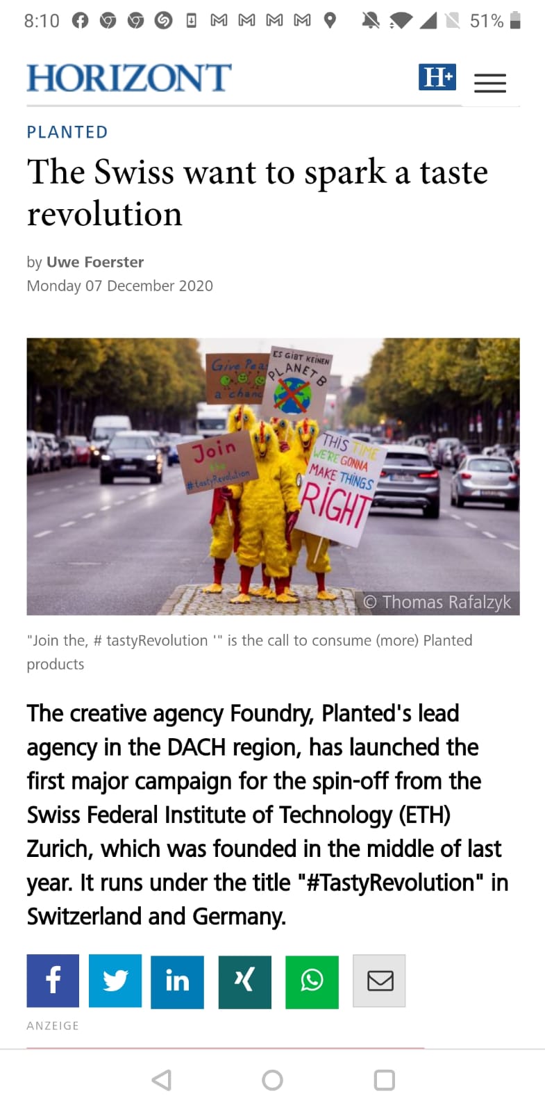 HORIZONT press screenshot: 'The Swiss want to spark a taste revolution'